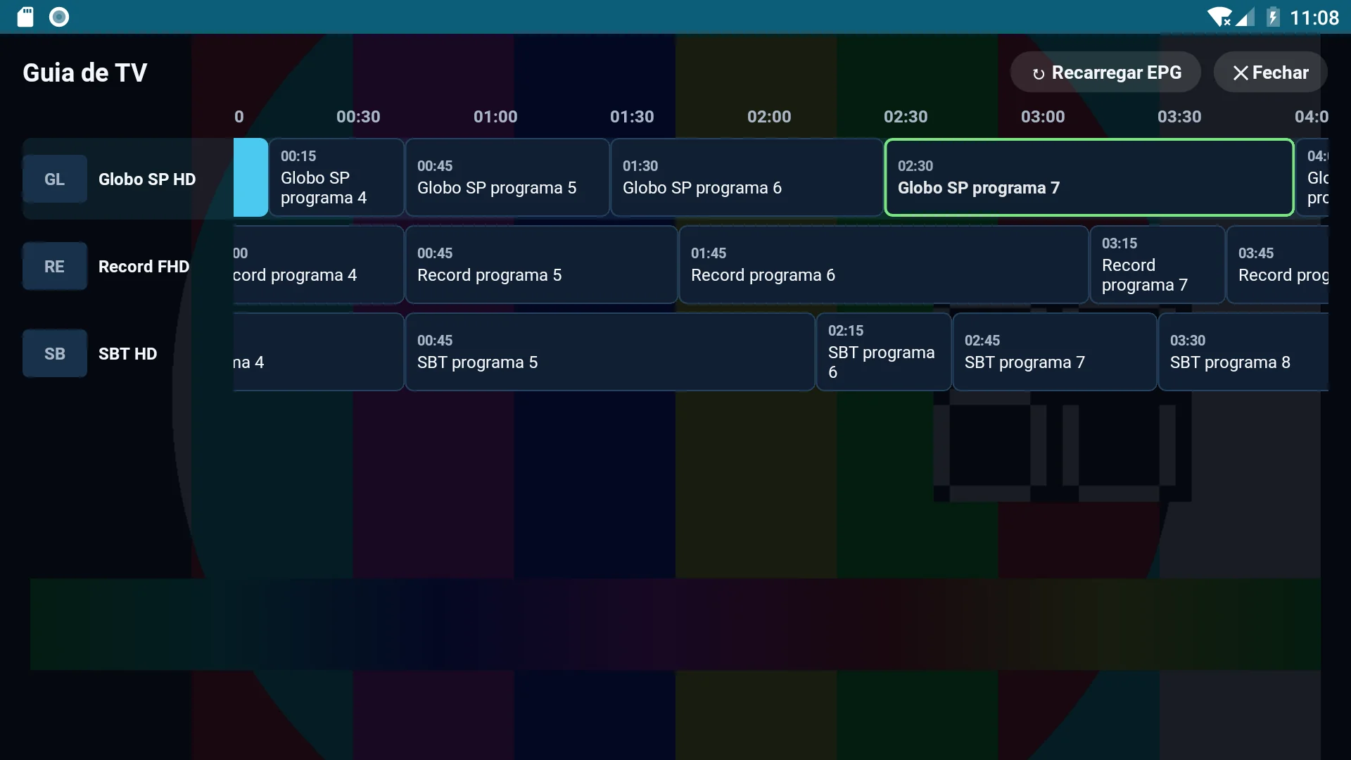 Guia de TV em grade com programas por canal e horários no topo