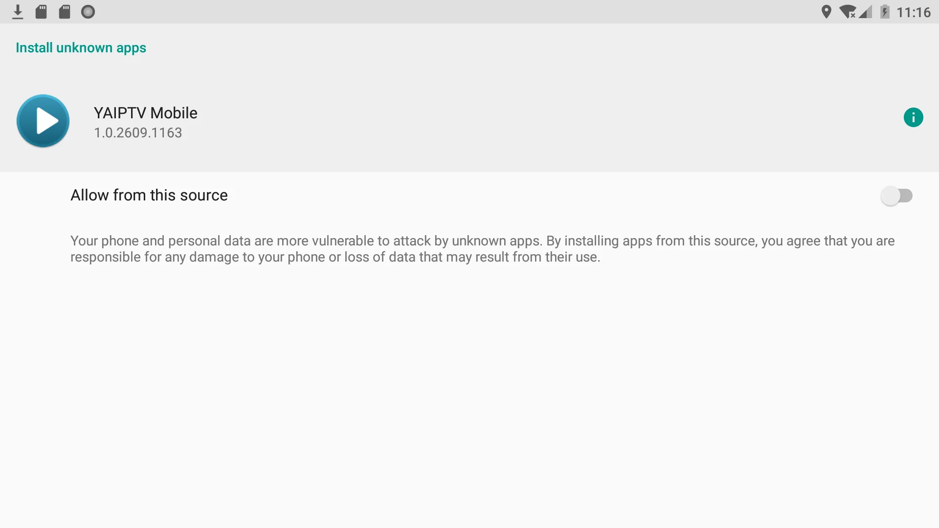 Tela do Android “Install unknown apps” com a opção Allow from this source