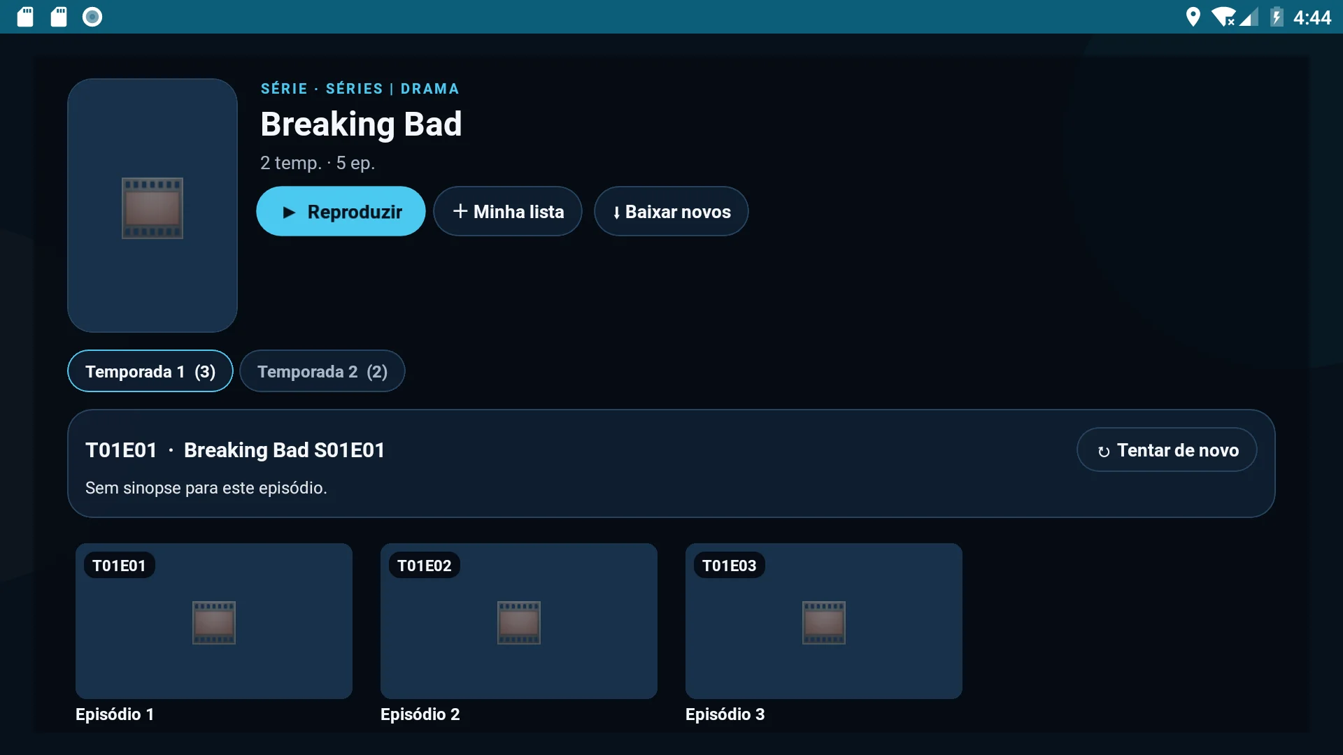 Página de série com abas de temporada, botões Reproduzir, Minha lista, Baixar novos e cartões de episódio