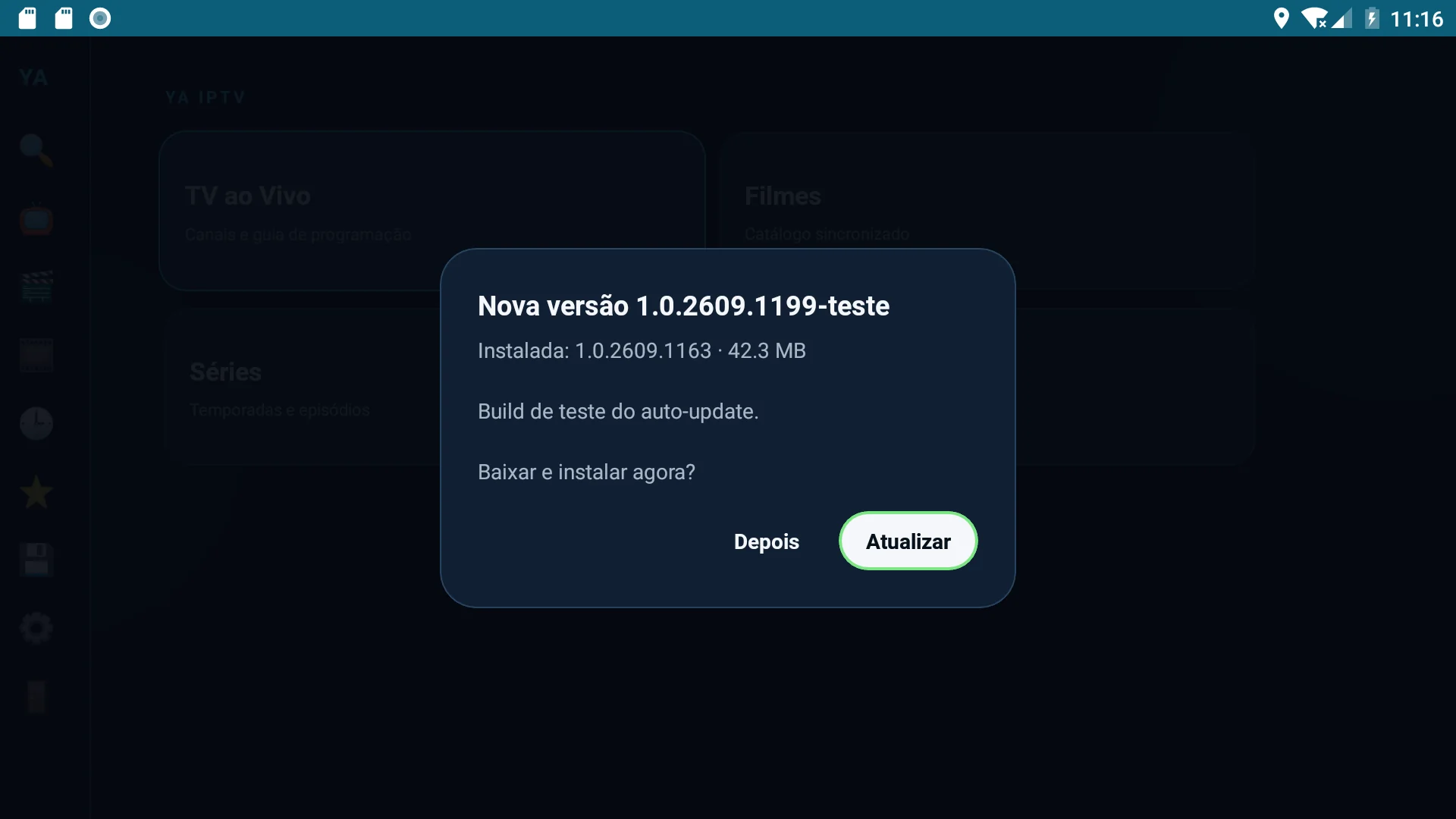 Diálogo Nova versão com versão instalada, tamanho, notas e botões Depois e Atualizar